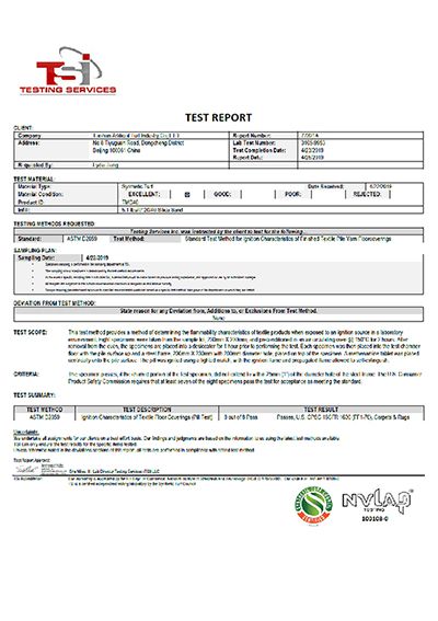 ASTM D2859 Pill Flammability TSI 検査報告書